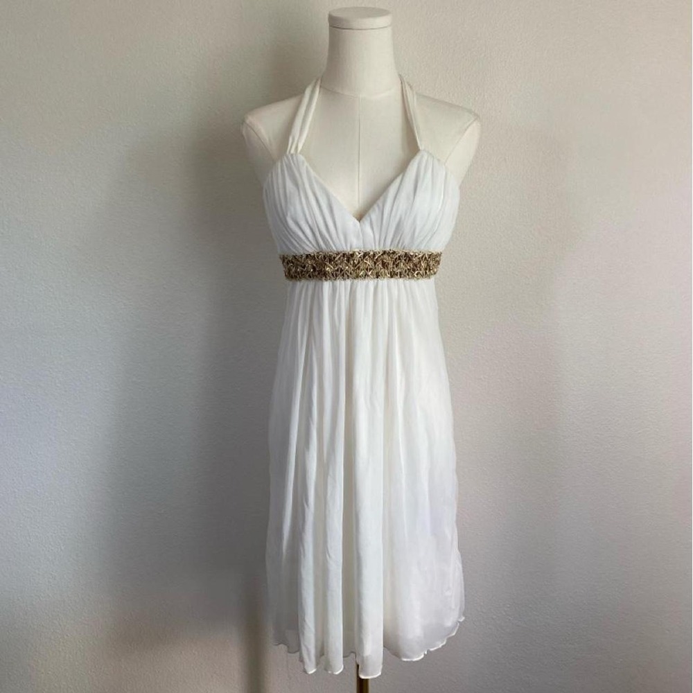 Y2K City Triangles White Halter Midi Dress Gold Beaded Empire Waist
